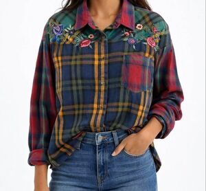 QPS Multicolor Floral Embroidered Button Up Shirt Large Boho Fall Comfy Colorful